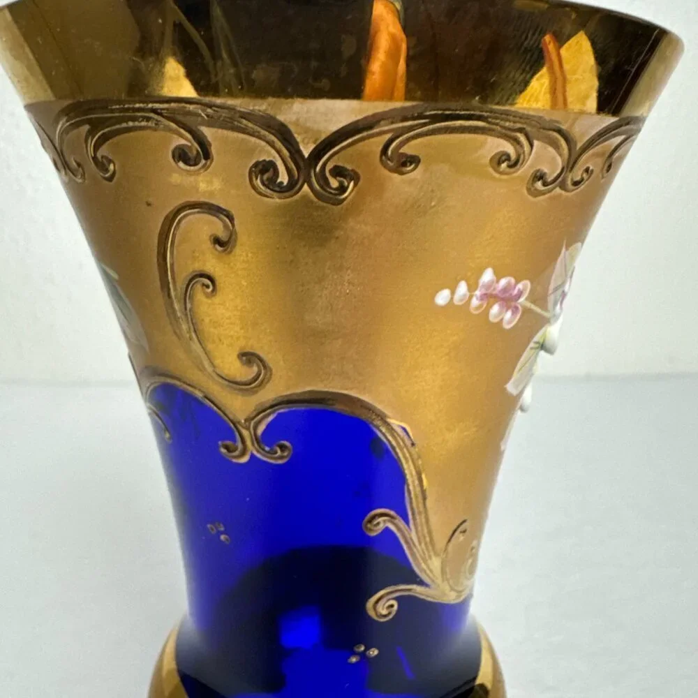 Vintage MCM Enamel Cobalt Blue Luxury Bohemian Czech Crystal Vase 24K Gold